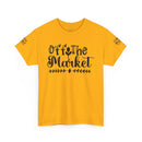 Yellow Printify eco-friendly unisex t-shirt with black Off the Market script and decorative leaf design