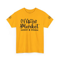 Yellow Printify eco-friendly unisex t-shirt with black Off the Market script and decorative leaf design