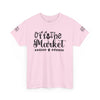 Pink Off The Market graphic eco-friendly unisex t-shirt by Printify with black script lettering and sleeve print