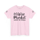 Pink Off The Market graphic eco-friendly unisex t-shirt by Printify with black script lettering and sleeve print