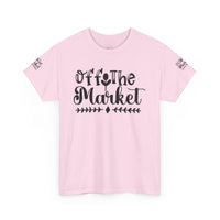 Pink Off The Market graphic eco-friendly unisex t-shirt by Printify with black script lettering and sleeve print