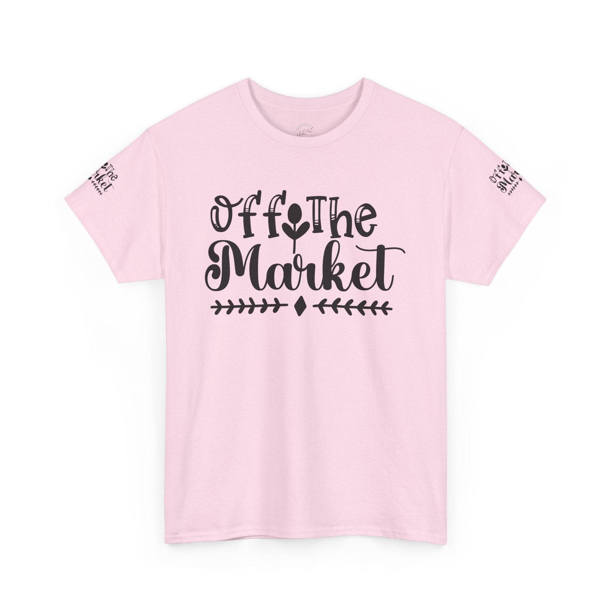 Pink Off The Market graphic eco-friendly unisex t-shirt by Printify with black script lettering and sleeve print