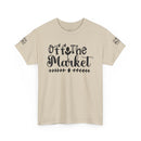 Printify beige tee with Off the Market script on front and small sleeve print eco-friendly unisex t-shirt