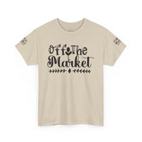 Printify beige tee with Off the Market script on front and small sleeve print eco-friendly unisex t-shirt