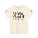 eco-friendly unisex t-shirt Printify cream speckled tee with black Off The Market script front and sleeve logo