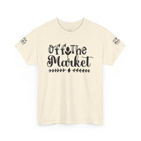 eco-friendly unisex t-shirt Printify cream speckled tee with black Off The Market script front and sleeve logo
