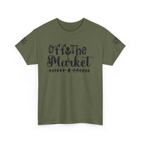 Printify eco-friendly unisex t-shirt olive green crew neck with Off the Market script graphic ideal for casual wear