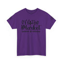 Printify purple t shirt with Off the Market black script front design crew neck casual fit eco-friendly unisex t-shirt