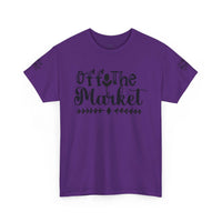 Printify purple t shirt with Off the Market black script front design crew neck casual fit eco-friendly unisex t-shirt