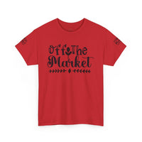 Red Off the Market graphic tee with black script front print and sleeve logos by Printify eco-friendly unisex t-shirt