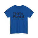 Printify blue tee with Off the Market script design in black on chest eco-friendly unisex t-shirt for casual wear