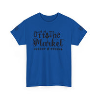 Printify blue tee with Off the Market script design in black on chest eco-friendly unisex t-shirt for casual wear