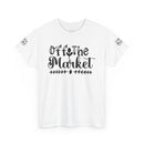 White Printify eco-friendly unisex t-shirt with black Off The Market script design and sleeve print
