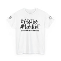 White Printify eco-friendly unisex t-shirt with black Off The Market script design and sleeve print