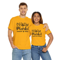 Couple wearing yellow Off The Market graphic eco-friendly unisex t-shirt by Printify casual fit crewneck for everyday wear