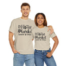 Printify eco-friendly unisex t-shirt beige with Off The Market graphic worn by male and female models