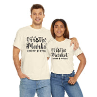 Printify cream graphic eco-friendly unisex t-shirt with Off The Market black script worn by male and female models