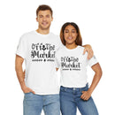 Printify eco-friendly unisex t-shirt white with Off The Market black script worn by male and female models