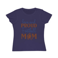 Printify organic football mom t-shirt in navy blue with love and proud football mom design