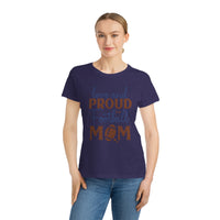 Woman wearing a navy organic football mom t-shirt with love and proud football mom design