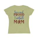 Printify organic football mom t-shirt with love and proud football mom text in blue and brown