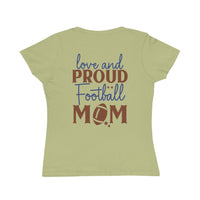 Printify organic football mom t-shirt with love and proud football mom text in blue and brown