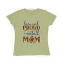 Printify organic football mom t-shirt in light green with love and proud football mom text and football graphic