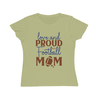 Printify organic football mom t-shirt in light green with love and proud football mom text and football graphic