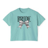 Printify eco-friendly bridal t-shirt seafoam boxy cropped tee with BRIDE text and silver bow