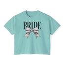 Printify eco-friendly bridal t-shirt seafoam boxy cropped tee with BRIDE text and silver bow