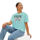 Printify eco-friendly bridal t-shirt mint green BRIDE graphic with silver bow worn with jeans