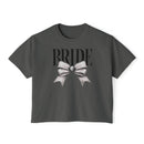 Printify eco-friendly bridal t-shirt dark gray cropped tee with BRIDE text and silver bow graphic