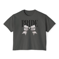 Printify eco-friendly bridal t-shirt dark gray cropped tee with BRIDE text and silver bow graphic