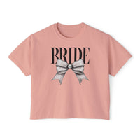 Printify pink cropped eco-friendly bridal t-shirt with BRIDE lettering and silver bow graphic