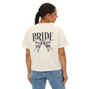 Printify eco-friendly bridal t-shirt ivory tee with large BRIDE text and silver bow on back