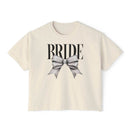 Printify cream cropped crewneck eco-friendly bridal t-shirt with large BRIDE text and gray satin bow print