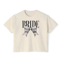 Printify cream cropped crewneck eco-friendly bridal t-shirt with large BRIDE text and gray satin bow print