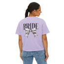 Printify eco-friendly bridal t-shirt lilac with BRIDE text and silver bow on back modeled with jeans