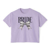 Printify lilac cropped t shirt with BRIDE text and metallic silver bow graphic eco-friendly bridal t-shirt