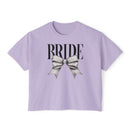 Printify lilac cropped t shirt with BRIDE text and metallic silver bow graphic eco-friendly bridal t-shirt