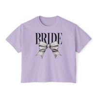 Printify lilac cropped t shirt with BRIDE text and metallic silver bow graphic eco-friendly bridal t-shirt