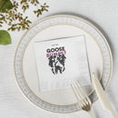 Printify eco-friendly Halloween napkins on white plate featuring ghost artwork and Got the Goose Bumps text with fork and knife