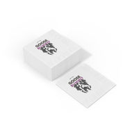 Printify eco-friendly Halloween napkins with black and purple goose graphic shown stacked and flat for party use