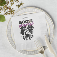 Printify white napkin on plate featuring Got the Goose Bumps ghost and black cat illustration eco-friendly Halloween napkins