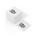 Stack of white square napkins printed with a spooky goose illustration and purple GOOSE BUMPS text eco-friendly Halloween napkins
