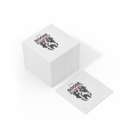 Stack of white square napkins printed with a spooky goose illustration and purple GOOSE BUMPS text eco-friendly Halloween napkins