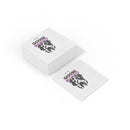 Printify eco-friendly Halloween napkins stacked, white square napkins with spooky black and purple Goose Bumps ghost design