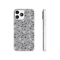 Printify paw print flexible phone case with black and white paw patterns on gray background for smartphone protection