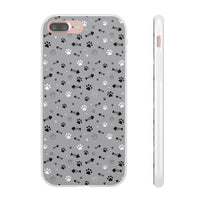 Printify paw print flexible phone case with black and white paw prints and fishbone patterns on gray background