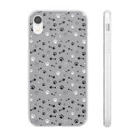 Printify paw print flexible phone case with black and white paw and fishbone patterns on gray background